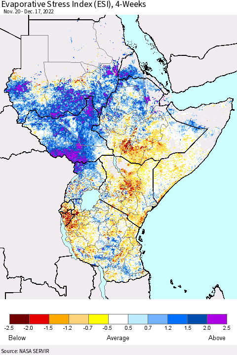 Eastern Africa Evaporative Stress Index (ESI), 4-Weeks Thematic Map For 12/12/2022 - 12/18/2022