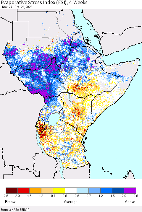 Eastern Africa Evaporative Stress Index (ESI), 4-Weeks Thematic Map For 12/19/2022 - 12/25/2022