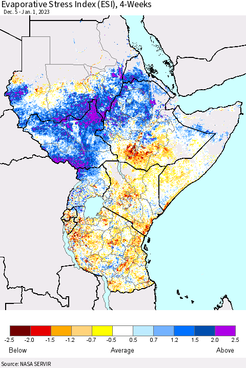 Eastern Africa Evaporative Stress Index (ESI), 4-Weeks Thematic Map For 12/26/2022 - 1/1/2023