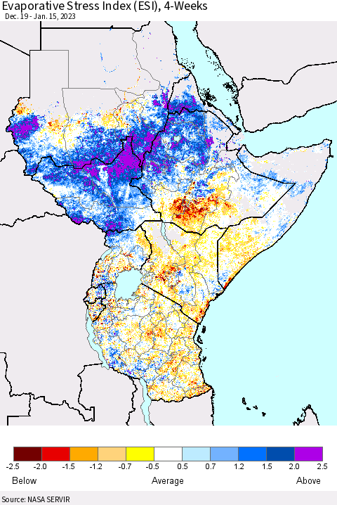 Eastern Africa Evaporative Stress Index (ESI), 4-Weeks Thematic Map For 1/9/2023 - 1/15/2023