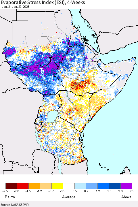 Eastern Africa Evaporative Stress Index (ESI), 4-Weeks Thematic Map For 1/23/2023 - 1/29/2023