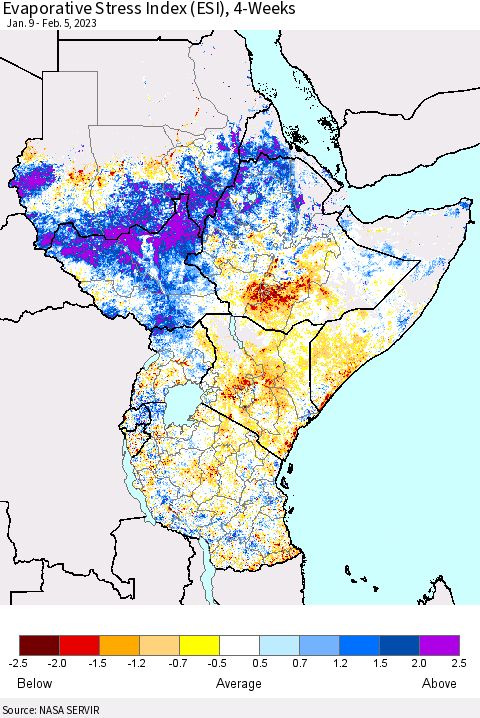 Eastern Africa Evaporative Stress Index (ESI), 4-Weeks Thematic Map For 1/30/2023 - 2/5/2023