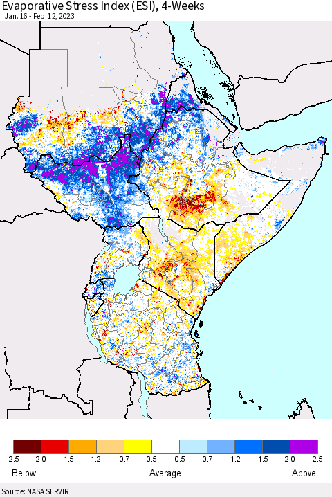 Eastern Africa Evaporative Stress Index (ESI), 4-Weeks Thematic Map For 2/6/2023 - 2/12/2023