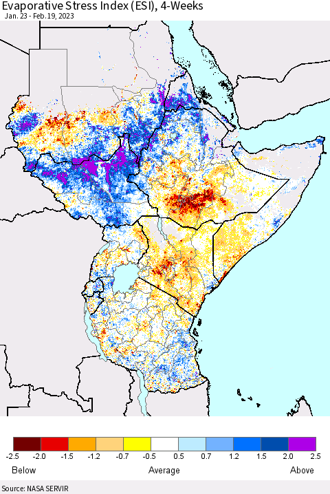 Eastern Africa Evaporative Stress Index (ESI), 4-Weeks Thematic Map For 2/13/2023 - 2/19/2023