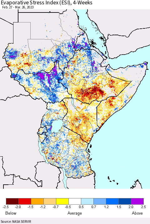 Eastern Africa Evaporative Stress Index (ESI), 4-Weeks Thematic Map For 3/20/2023 - 3/26/2023