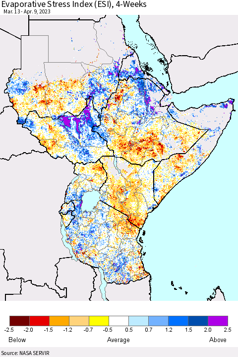 Eastern Africa Evaporative Stress Index (ESI), 4-Weeks Thematic Map For 4/3/2023 - 4/9/2023