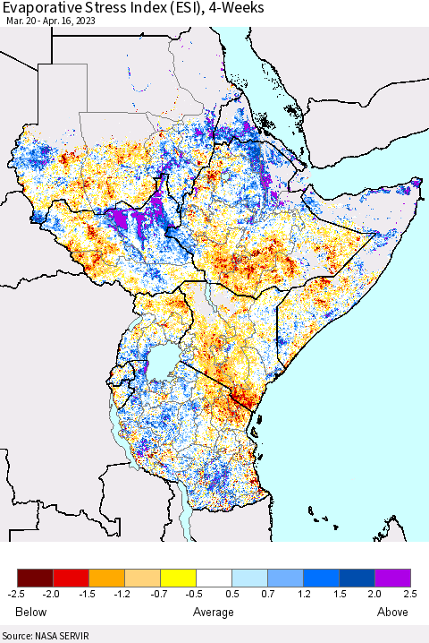 Eastern Africa Evaporative Stress Index (ESI), 4-Weeks Thematic Map For 4/10/2023 - 4/16/2023