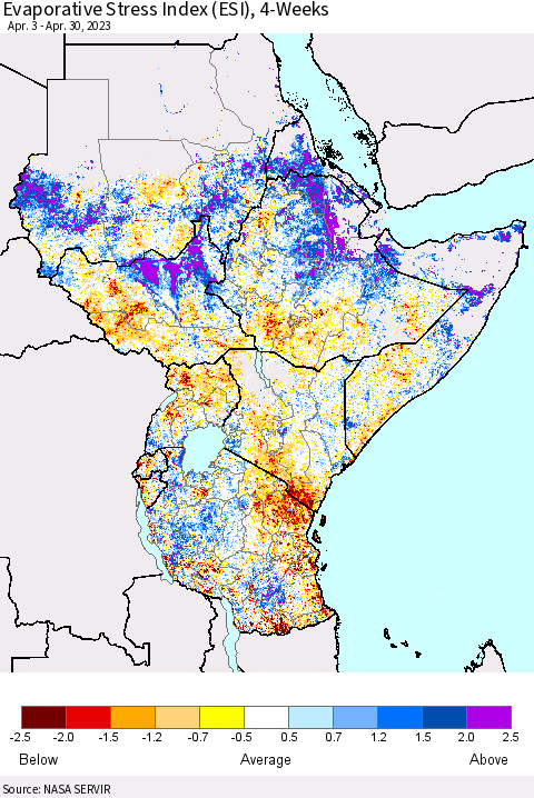 Eastern Africa Evaporative Stress Index (ESI), 4-Weeks Thematic Map For 4/24/2023 - 4/30/2023