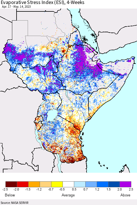 Eastern Africa Evaporative Stress Index (ESI), 4-Weeks Thematic Map For 5/8/2023 - 5/14/2023