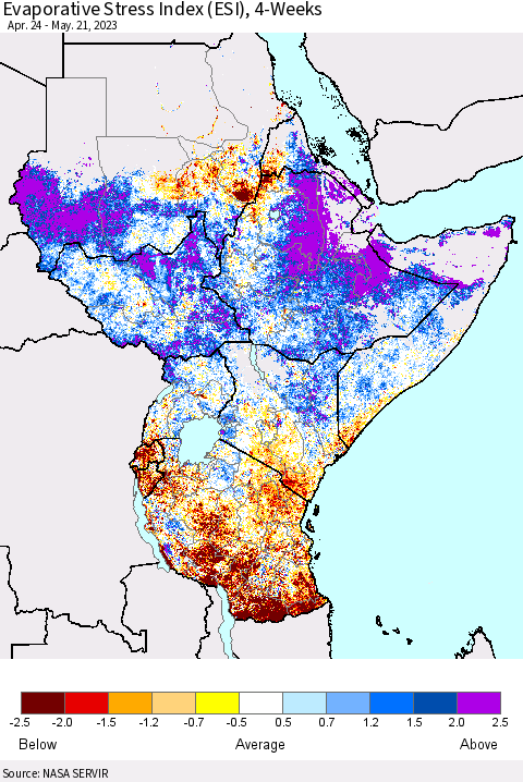 Eastern Africa Evaporative Stress Index (ESI), 4-Weeks Thematic Map For 5/15/2023 - 5/21/2023