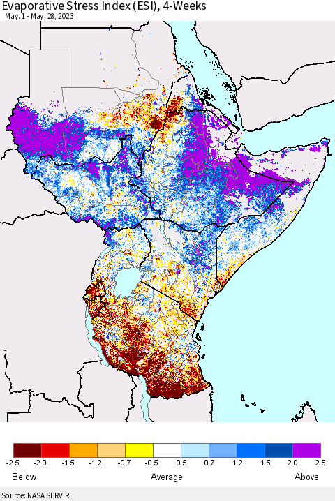 Eastern Africa Evaporative Stress Index (ESI), 4-Weeks Thematic Map For 5/22/2023 - 5/28/2023