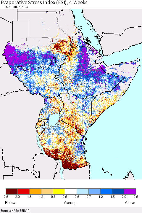 Eastern Africa Evaporative Stress Index (ESI), 4-Weeks Thematic Map For 6/26/2023 - 7/2/2023