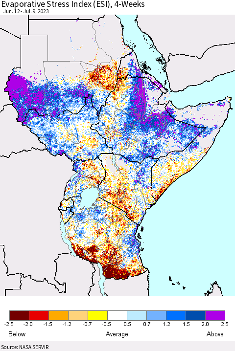 Eastern Africa Evaporative Stress Index (ESI), 4-Weeks Thematic Map For 7/3/2023 - 7/9/2023