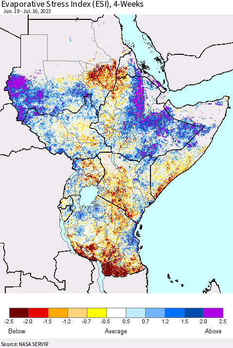 Eastern Africa Evaporative Stress Index (ESI), 4-Weeks Thematic Map For 7/10/2023 - 7/16/2023