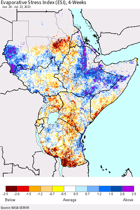 Eastern Africa Evaporative Stress Index (ESI), 4-Weeks Thematic Map For 7/17/2023 - 7/23/2023