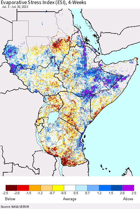 Eastern Africa Evaporative Stress Index (ESI), 4-Weeks Thematic Map For 7/24/2023 - 7/30/2023