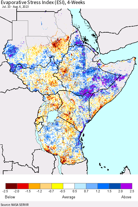 Eastern Africa Evaporative Stress Index (ESI), 4-Weeks Thematic Map For 7/31/2023 - 8/6/2023
