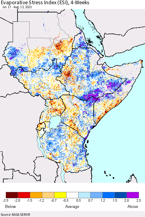 Eastern Africa Evaporative Stress Index (ESI), 4-Weeks Thematic Map For 8/7/2023 - 8/13/2023