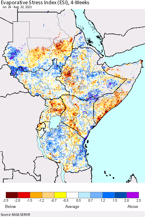 Eastern Africa Evaporative Stress Index (ESI), 4-Weeks Thematic Map For 8/14/2023 - 8/20/2023