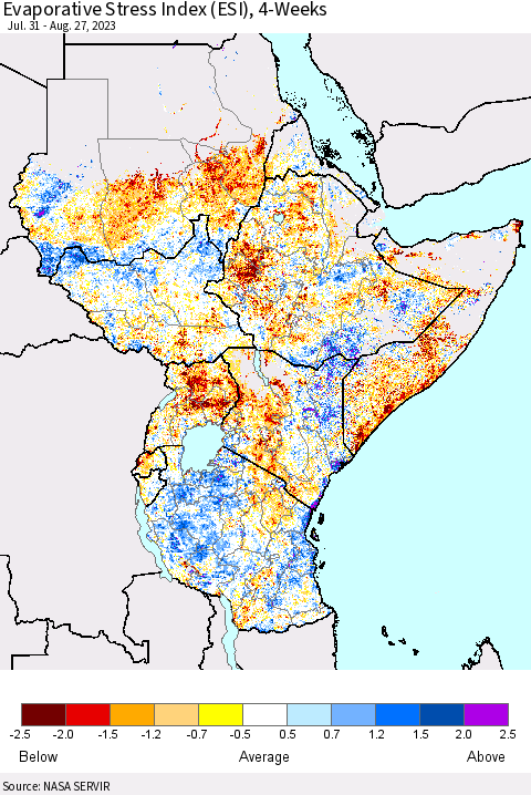 Eastern Africa Evaporative Stress Index (ESI), 4-Weeks Thematic Map For 8/21/2023 - 8/27/2023