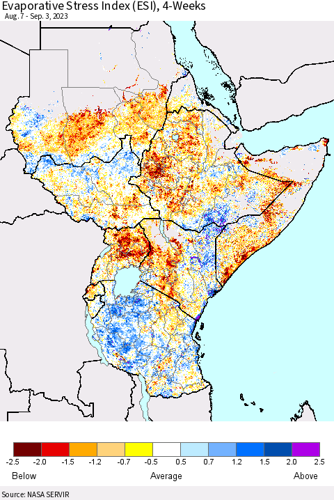 Eastern Africa Evaporative Stress Index (ESI), 4-Weeks Thematic Map For 8/28/2023 - 9/3/2023