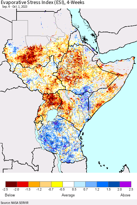Eastern Africa Evaporative Stress Index (ESI), 4-Weeks Thematic Map For 9/25/2023 - 10/1/2023