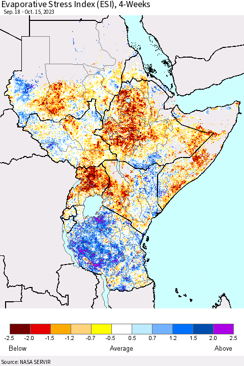Eastern Africa Evaporative Stress Index (ESI), 4-Weeks Thematic Map For 10/9/2023 - 10/15/2023