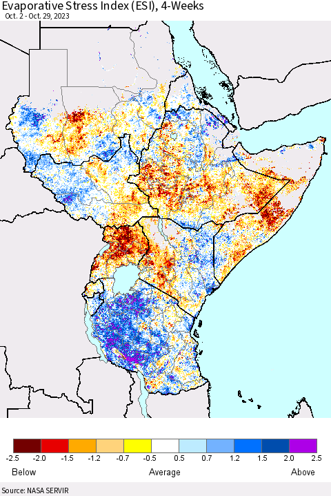 Eastern Africa Evaporative Stress Index (ESI), 4-Weeks Thematic Map For 10/23/2023 - 10/29/2023