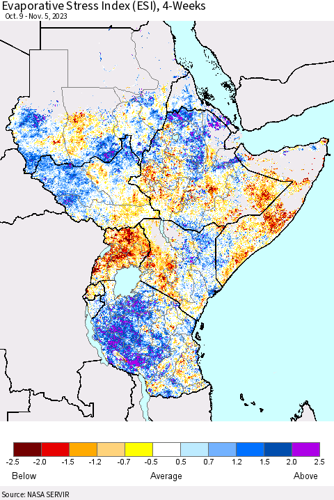 Eastern Africa Evaporative Stress Index (ESI), 4-Weeks Thematic Map For 10/30/2023 - 11/5/2023