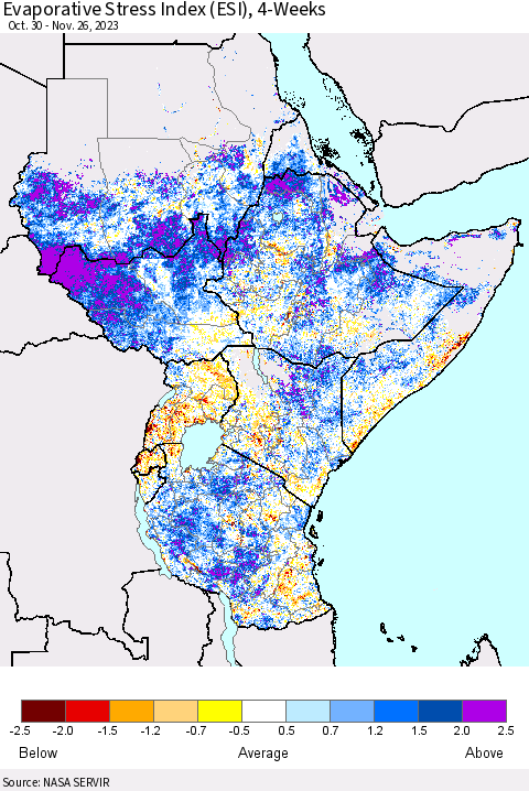 Eastern Africa Evaporative Stress Index (ESI), 4-Weeks Thematic Map For 11/20/2023 - 11/26/2023
