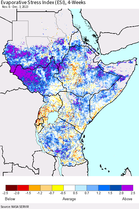 Eastern Africa Evaporative Stress Index (ESI), 4-Weeks Thematic Map For 11/27/2023 - 12/3/2023