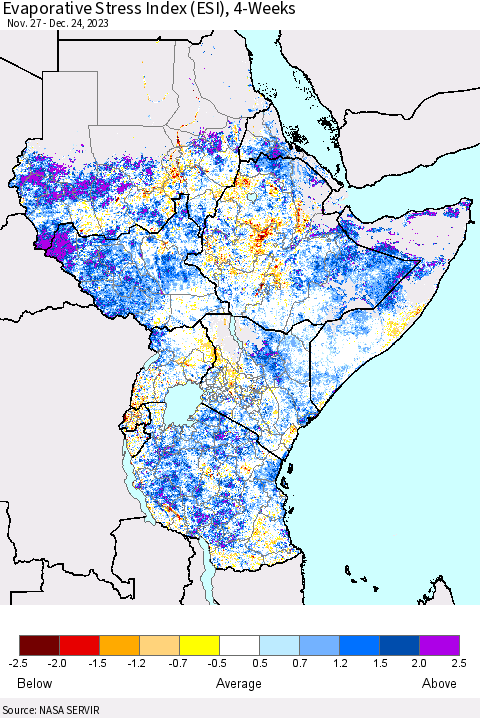 Eastern Africa Evaporative Stress Index (ESI), 4-Weeks Thematic Map For 12/18/2023 - 12/24/2023
