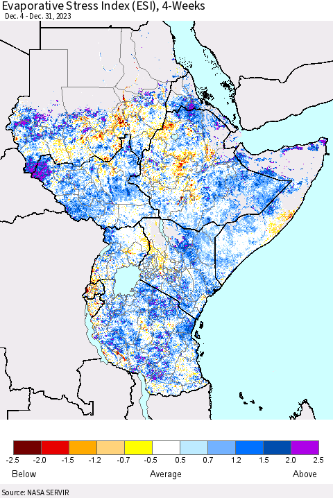 Eastern Africa Evaporative Stress Index (ESI), 4-Weeks Thematic Map For 12/25/2023 - 12/31/2023