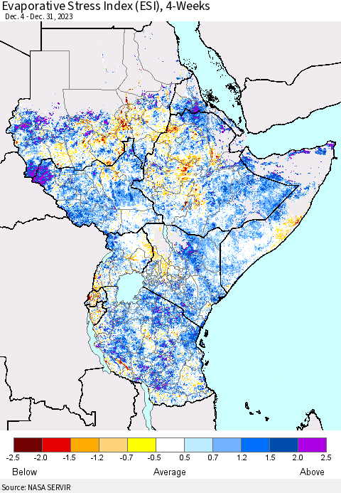 Eastern Africa Evaporative Stress Index (ESI), 4-Weeks Thematic Map For 1/1/2024 - 1/7/2024