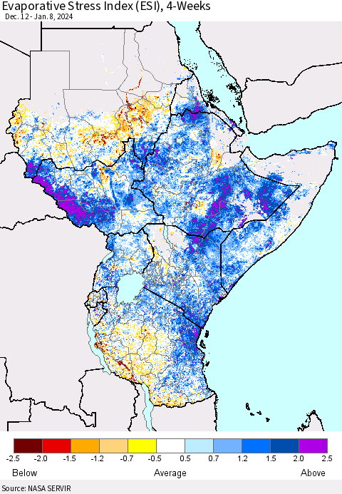 Eastern Africa Evaporative Stress Index (ESI), 4-Weeks Thematic Map For 1/8/2024 - 1/14/2024
