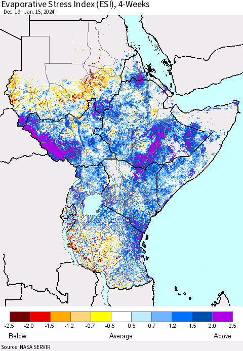 Eastern Africa Evaporative Stress Index (ESI), 4-Weeks Thematic Map For 1/15/2024 - 1/21/2024