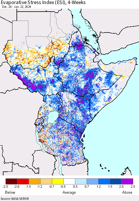 Eastern Africa Evaporative Stress Index (ESI), 4-Weeks Thematic Map For 1/22/2024 - 1/28/2024