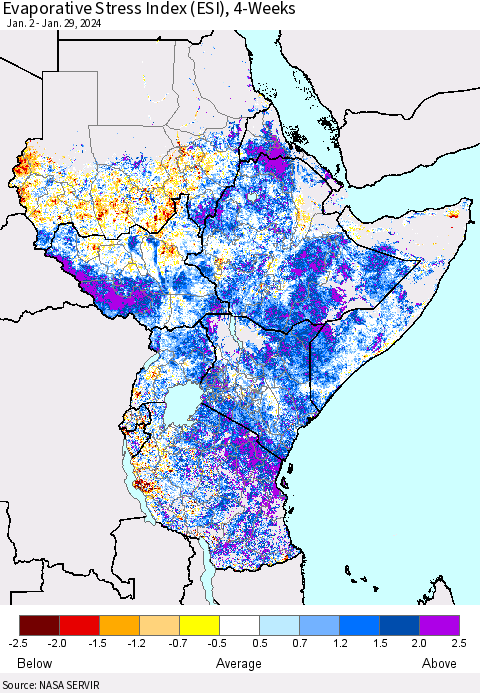 Eastern Africa Evaporative Stress Index (ESI), 4-Weeks Thematic Map For 1/29/2024 - 2/4/2024