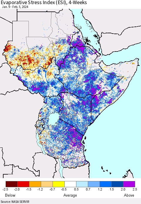 Eastern Africa Evaporative Stress Index (ESI), 4-Weeks Thematic Map For 2/5/2024 - 2/11/2024