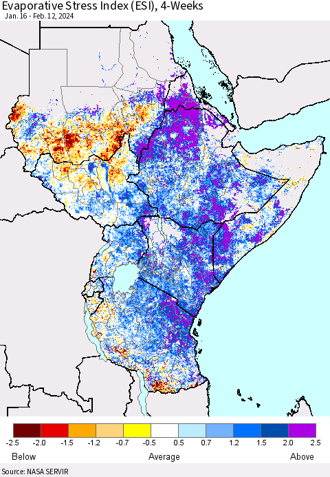 Eastern Africa Evaporative Stress Index (ESI), 4-Weeks Thematic Map For 2/12/2024 - 2/18/2024