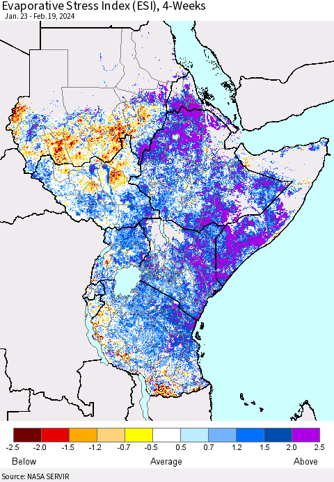 Eastern Africa Evaporative Stress Index (ESI), 4-Weeks Thematic Map For 2/19/2024 - 2/25/2024