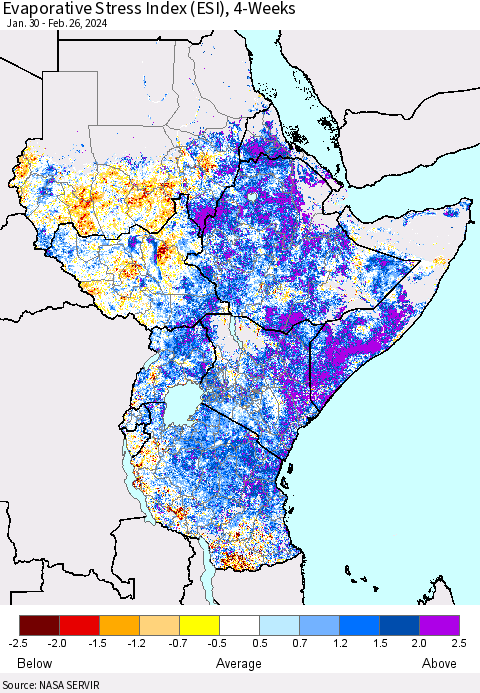 Eastern Africa Evaporative Stress Index (ESI), 4-Weeks Thematic Map For 2/26/2024 - 3/3/2024