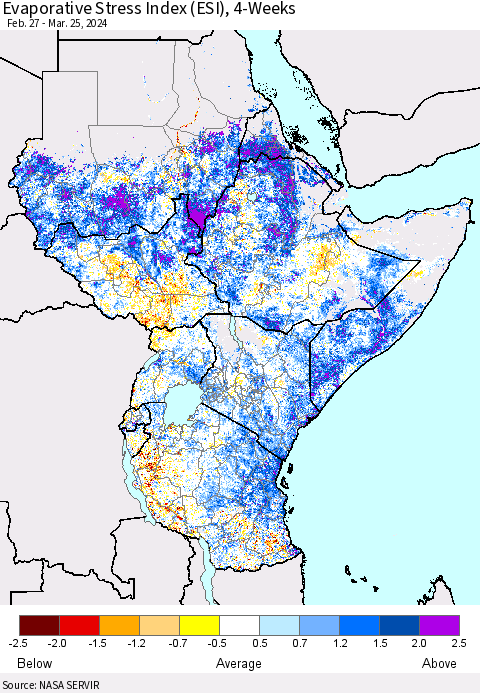 Eastern Africa Evaporative Stress Index (ESI), 4-Weeks Thematic Map For 3/25/2024 - 3/31/2024