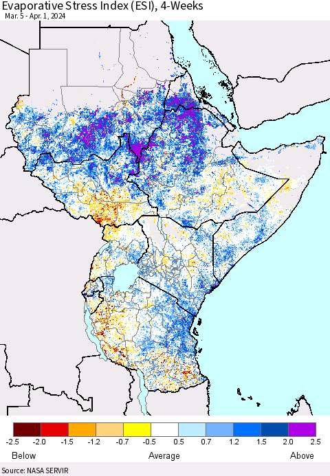 Eastern Africa Evaporative Stress Index (ESI), 4-Weeks Thematic Map For 4/1/2024 - 4/7/2024