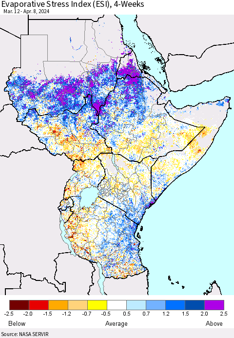 Eastern Africa Evaporative Stress Index (ESI), 4-Weeks Thematic Map For 4/8/2024 - 4/14/2024