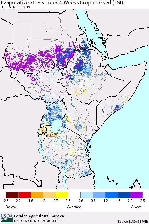 Eastern Africa Evaporative Stress Index (ESI), 4-Weeks over Croplands Thematic Map For 3/4/2019 - 3/10/2019