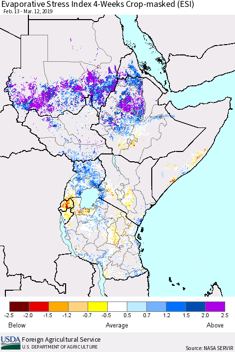 Eastern Africa Evaporative Stress Index (ESI), 4-Weeks over Croplands Thematic Map For 3/11/2019 - 3/17/2019