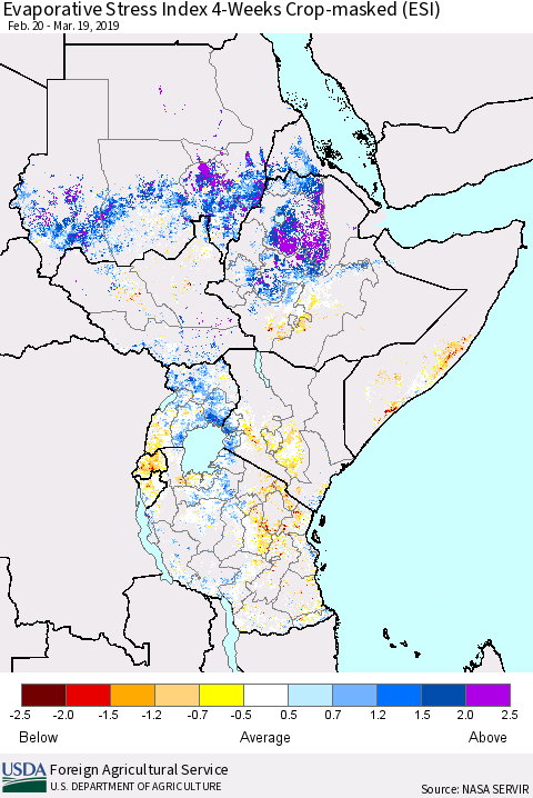 Eastern Africa Evaporative Stress Index (ESI), 4-Weeks over Croplands Thematic Map For 3/18/2019 - 3/24/2019