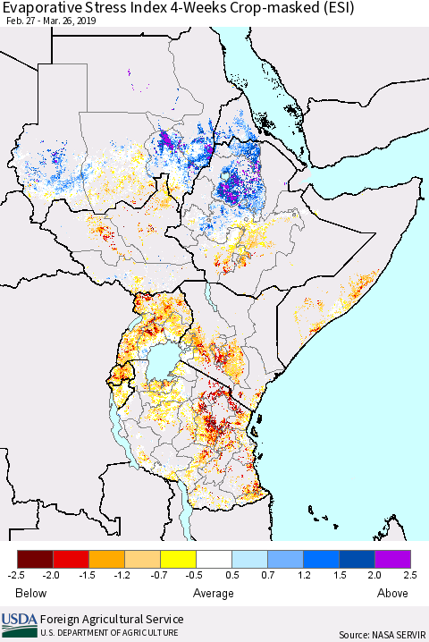 Eastern Africa Evaporative Stress Index (ESI), 4-Weeks over Croplands Thematic Map For 3/25/2019 - 3/31/2019
