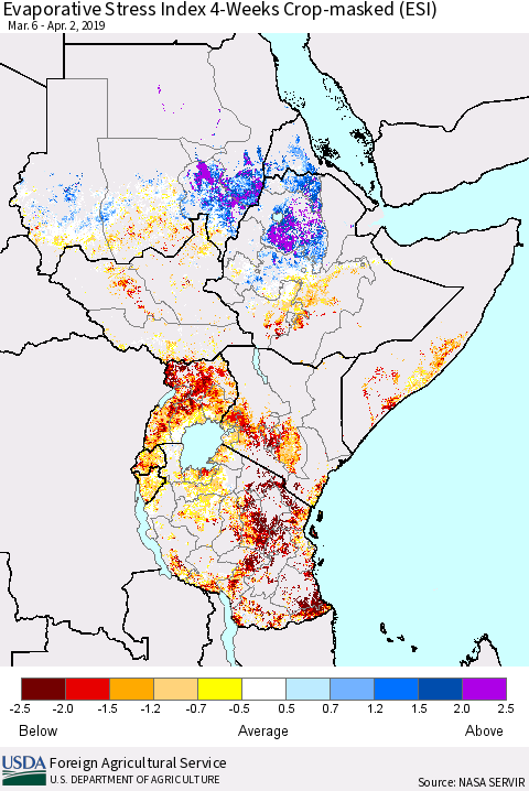 Eastern Africa Evaporative Stress Index (ESI), 4-Weeks over Croplands Thematic Map For 4/1/2019 - 4/7/2019